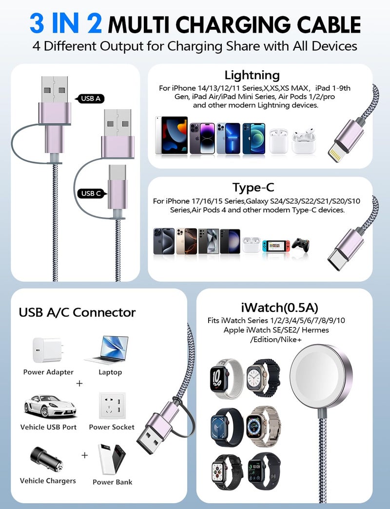 xiwxi Travel Essentials for Apple Watch Charger,iPhone Charger,3 in 2 Type C/L/Magnetic Fast Charging Cable,Multi Charging Cable Portable Designed for iWatch Series,iPhone 17-11,Galaxy S26-S21,Car-4FT - Image 2