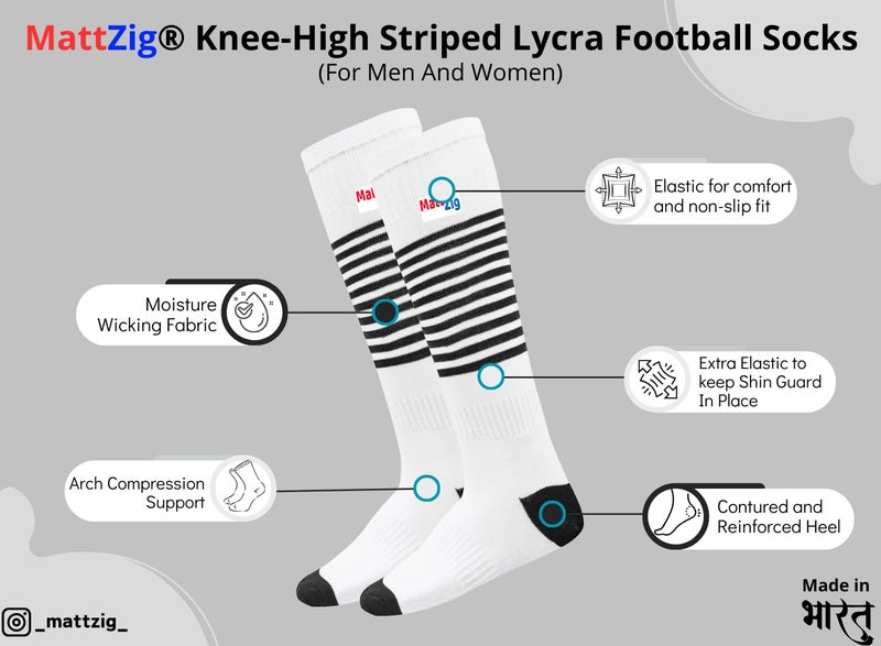 MATTZIG ® Club Football Kit (One Pair of Striped Lycra Socks + One Pair of Shin Guard + One Pair of Cotton Arm Sleeves + One Kit Bag) (White/Black, Blue) - Image 2