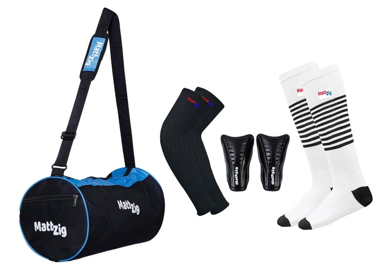 MATTZIG ® Club Football Kit (One Pair of Striped Lycra Socks + One Pair of Shin Guard + One Pair of Cotton Arm Sleeves + One Kit Bag) (White/Black, Blue) - Image 1