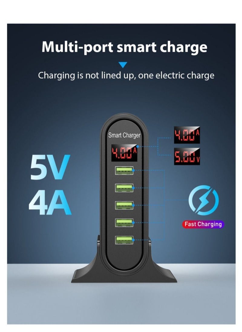 Generic - Multi-Port USB Charger Hub for Mobile Phone, 5 Holes Desktop Charging Station Dock with LED Display (Black) - Image 1