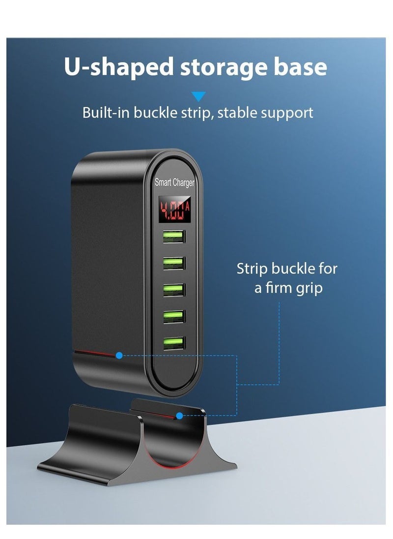 Generic - Multi-Port USB Charger Hub for Mobile Phone, 5 Holes Desktop Charging Station Dock with LED Display (Black) - Image 1
