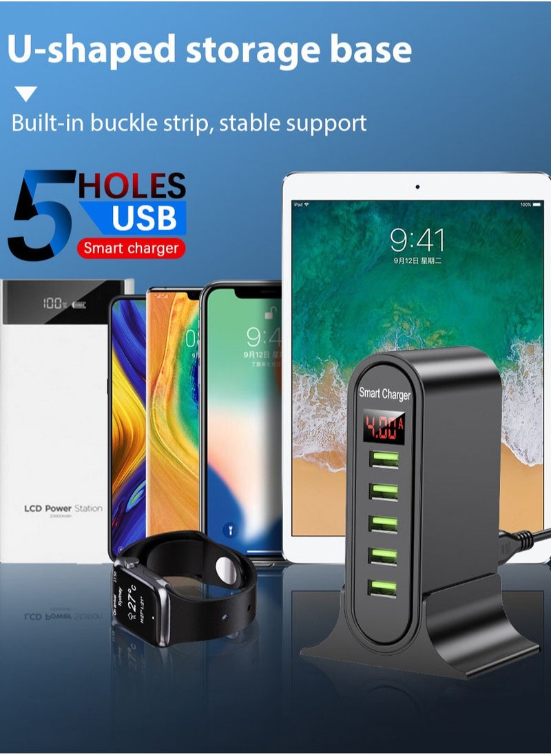 Generic - Multi-Port USB Charger Hub for Mobile Phone, 5 Holes Desktop Charging Station Dock with LED Display (Black) - Image 1