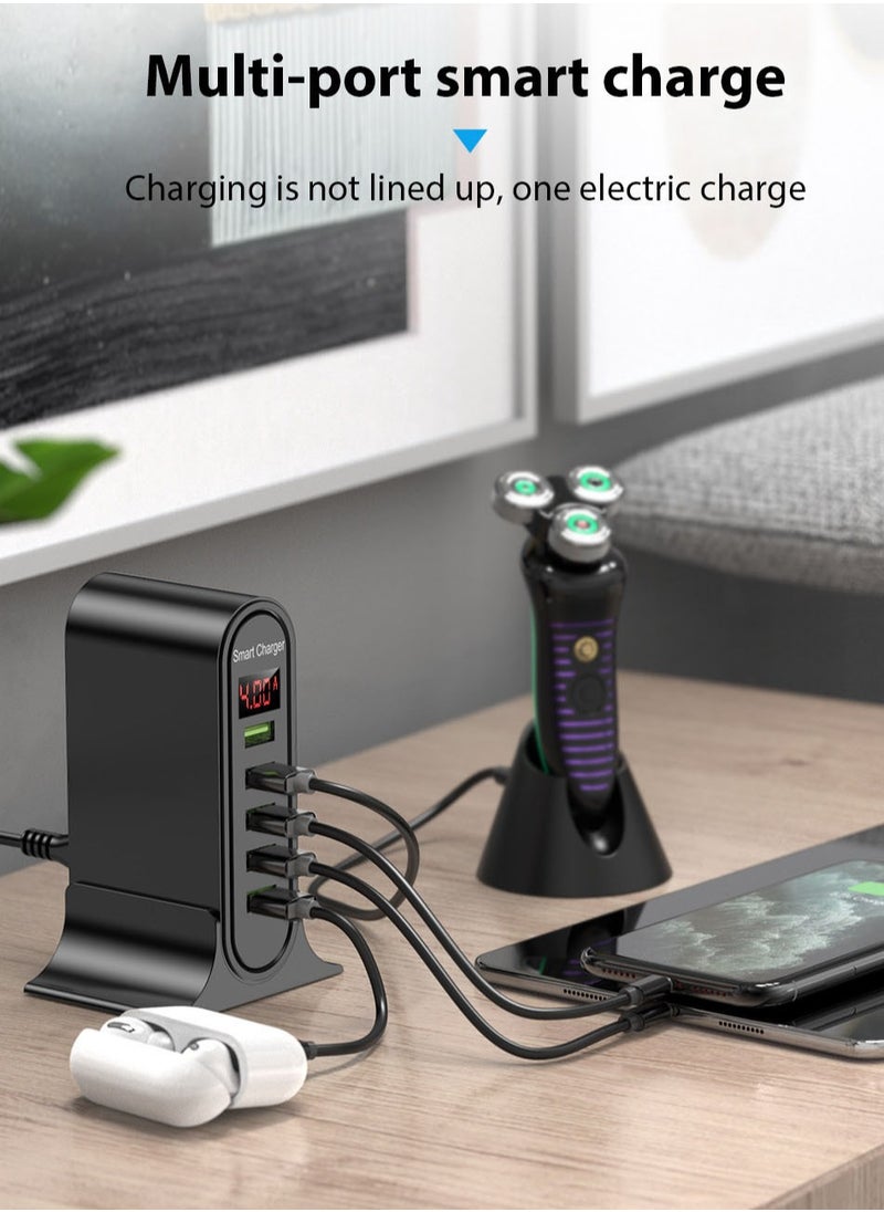 Generic - Multi-Port USB Charger Hub for Mobile Phone, 5 Holes Desktop Charging Station Dock with LED Display (Black) - Image 1