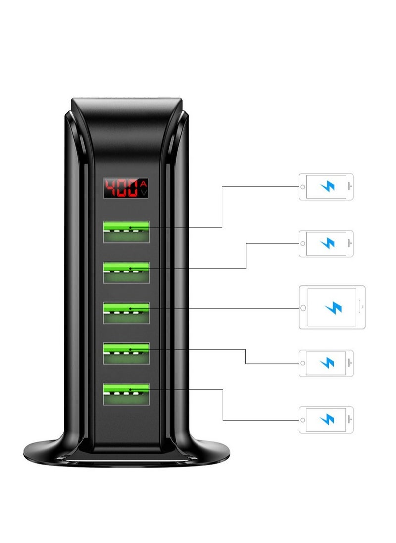 Generic Multi-Port USB Charger Hub for Mobile Phone, 5 Holes Desktop Charging Station Dock with LED Display (Black)  - Image 1