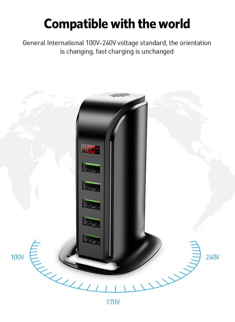 Generic - Multi-Port USB Charger Hub for Mobile Phone, 5 Holes Desktop Charging Station Dock with LED Display (Black) - Image 1