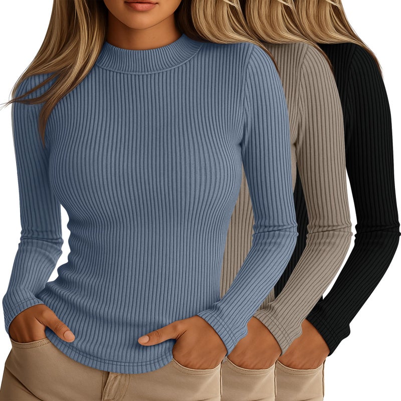 Riyiper 3 Pack Womens Ribbed Shirts Mock Turtleneck Long Sleeve Tops Slim Fitted Undershirts Casual Basic Layering TeesBlack Brown Haze BlueSmall - Image 2
