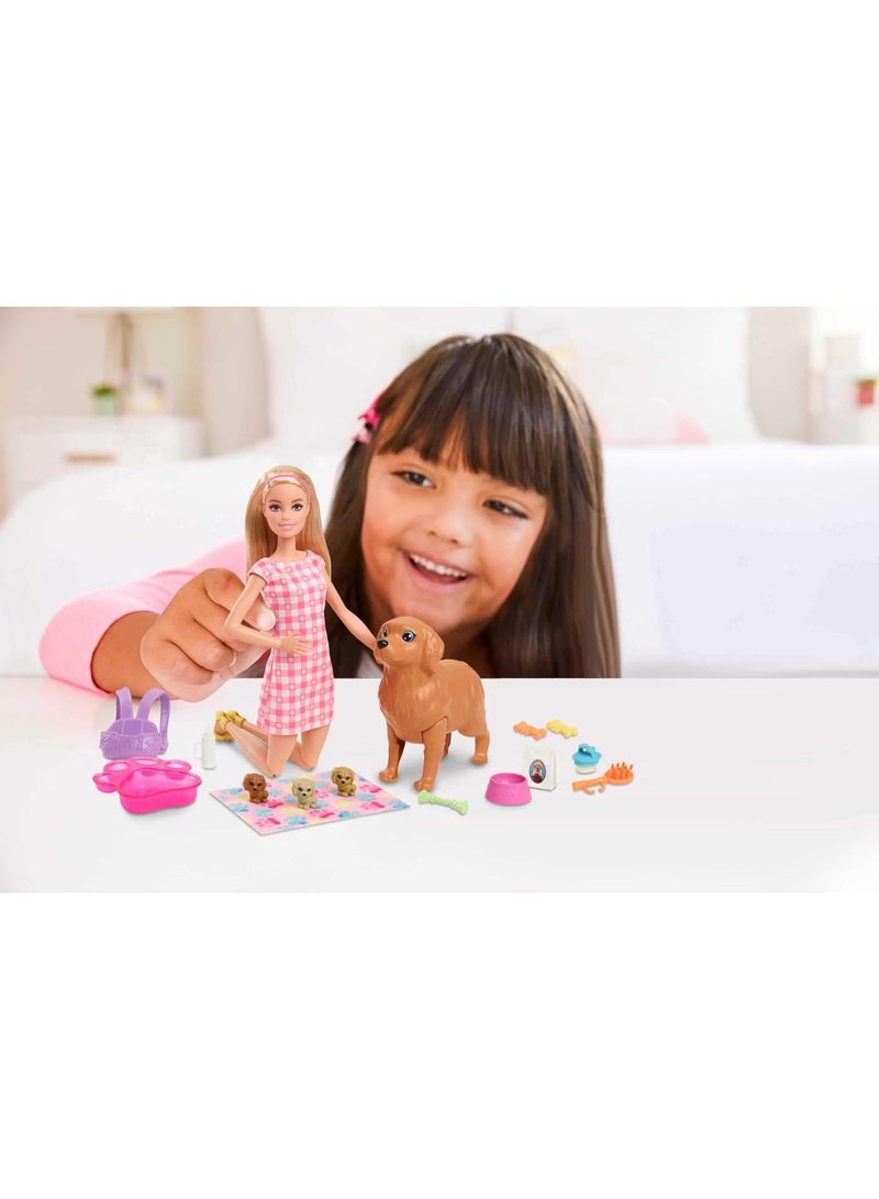 باربي مجموعة ألعاب دمية المواليد مع دمية شقراء وكلبة أم و3 جراء، ألعاب أطفال - Image 2