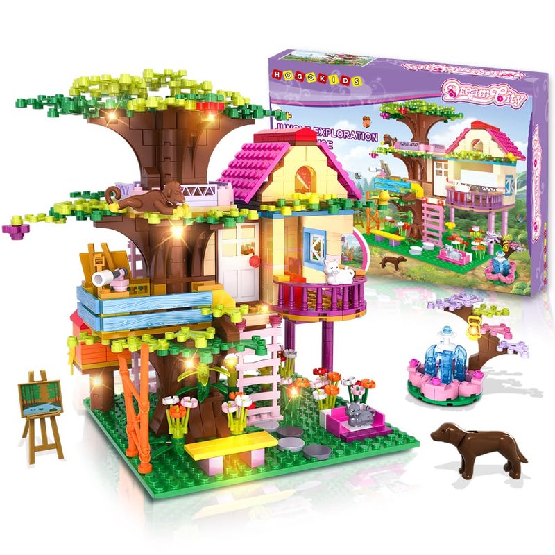 HOGOKIDS Tree House Building Toy with LED Light - 613PCS STEM Treehouse Girl Building Block Set with Fountain Animals  Birthday Gifts for Girls Boys Kids Ages 6 7 8 9 10 11 12+ - Image 1