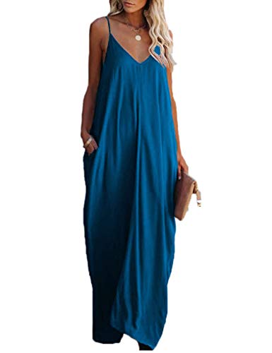Poetsky Maxi Dresses for Women V Neck Loose Casual Long Tshirt Dress with Pockets (S, Acid Blue) - Image 1