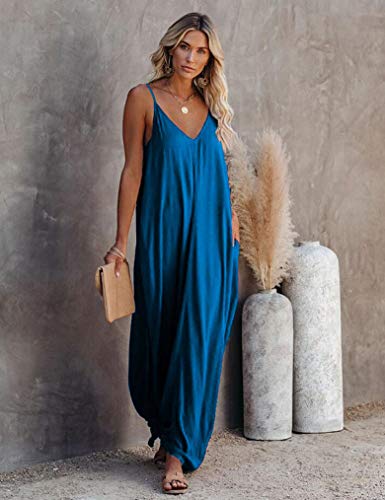 Poetsky Maxi Dresses for Women V Neck Loose Casual Long Tshirt Dress with Pockets (S, Acid Blue) - Image 2