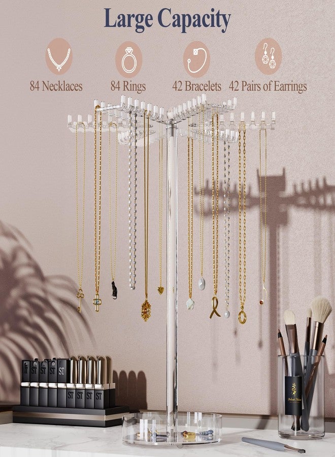NiHome 360° Rotating Clear Acrylic Necklace Organizer for Home, Jewelry Stores, Events - Elegant Snowflake Shape Tangle-Free 84 Hooks Jewelry Holder, Bottom Storage Tray for Hairbands, Rings & More - Image 3