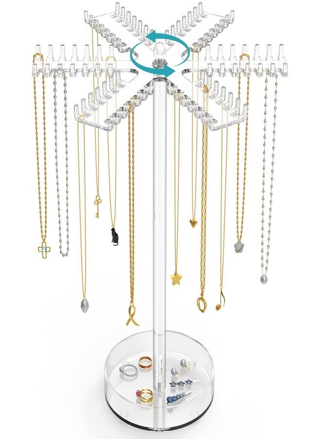 NiHome 360° Rotating Clear Acrylic Necklace Organizer for Home, Jewelry Stores, Events - Elegant Snowflake Shape Tangle-Free 84 Hooks Jewelry Holder, Bottom Storage Tray for Hairbands, Rings & More - Image 1
