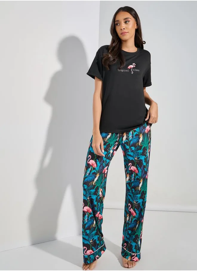 Styli Flamingo Print T-shirt & Palm Piped Hem Pyjama Set