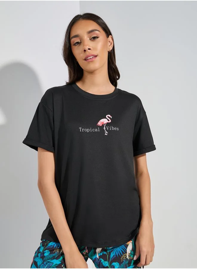 Styli Flamingo Print T-shirt & Palm Piped Hem Pyjama Set