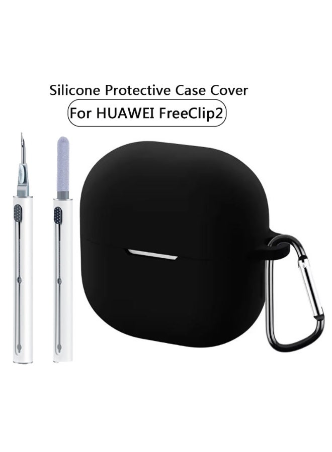 Silicone Case for Huawei FreeClip 2 Case Cover with Keychain/Cleaner Kit (Black) - Image 1