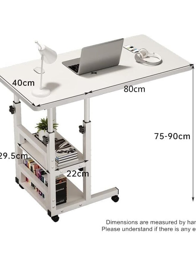 Generic Bed Table Mobile Laptop Desk with Storage Shelves, Height Adjustable 75-90cm, White Rolling Table, 80x40cm Desktop  - Image 2