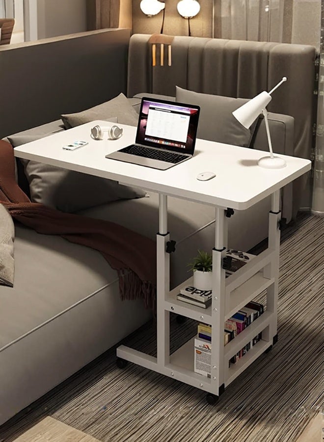 Generic Bed Table Mobile Laptop Desk with Storage Shelves, Height Adjustable 75-90cm, White Rolling Table, 80x40cm Desktop  - Image 3