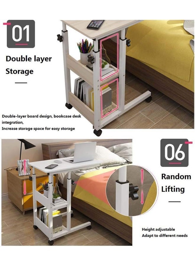 Generic Bed Table Mobile Laptop Desk with Storage Shelves, Height Adjustable 75-90cm, White Rolling Table, 80x40cm Desktop  - Image 5