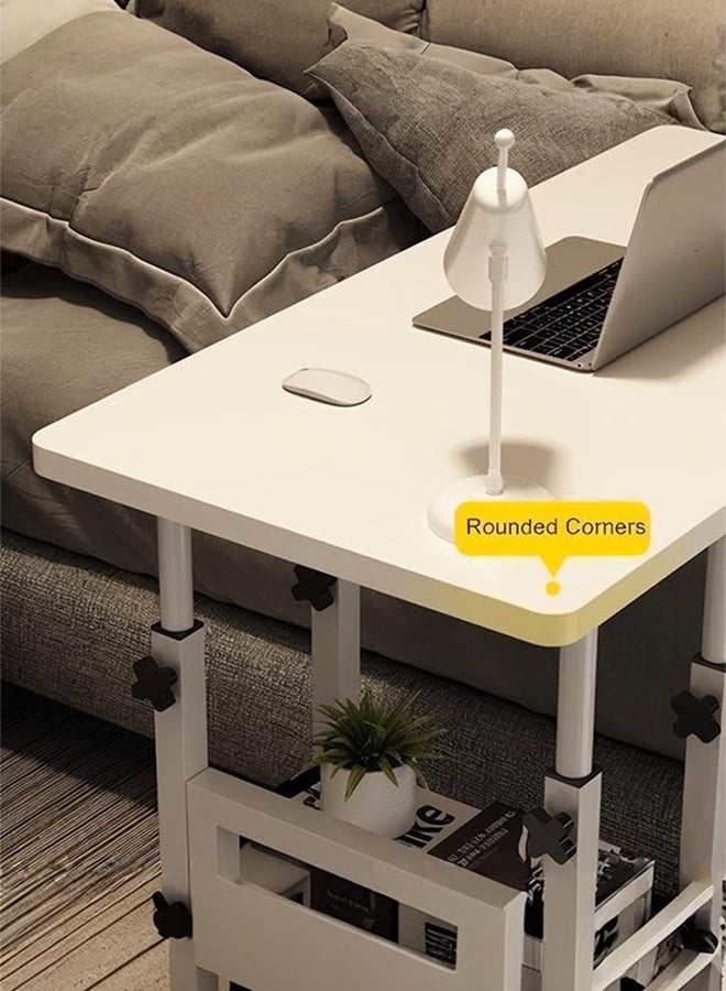Generic Bed Table Mobile Laptop Desk with Storage Shelves, Height Adjustable 75-90cm, White Rolling Table, 80x40cm Desktop  - Image 4