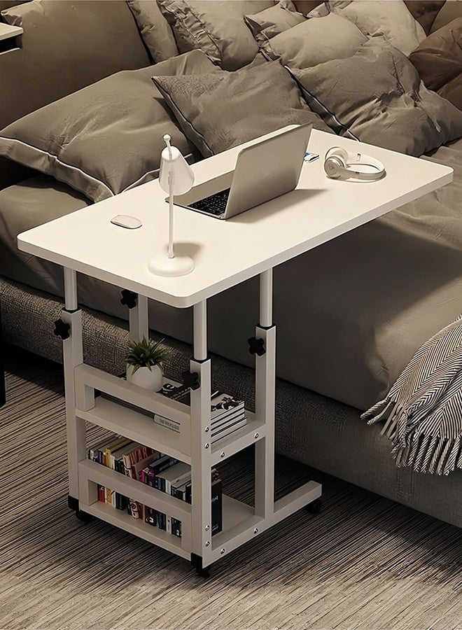Generic Bed Table Mobile Laptop Desk with Storage Shelves, Height Adjustable 75-90cm, White Rolling Table, 80x40cm Desktop  - Image 1