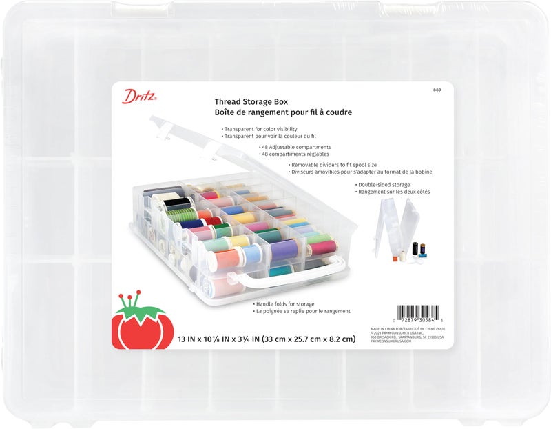 Dritz Thread Storage Box Organizer - Double-Sided 48 Adjustable Compartments, Clear Portable Latching Case with Handle - Image 1
