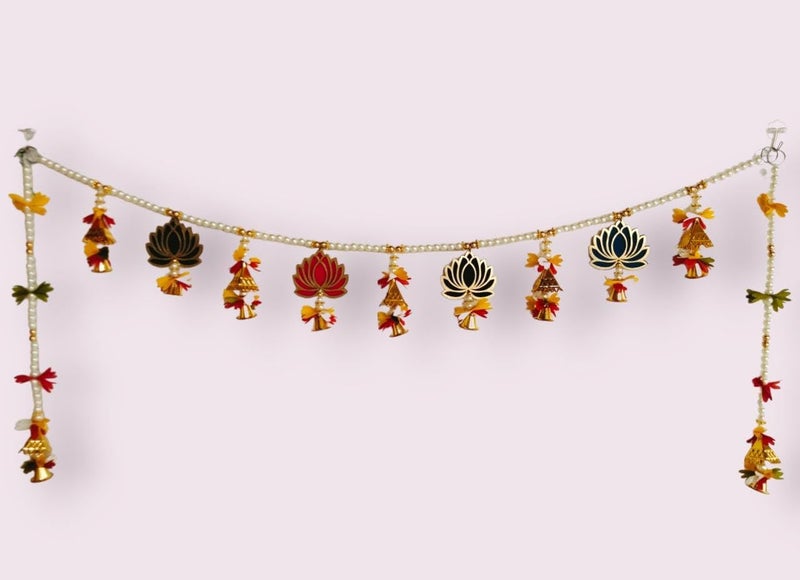 PREETENCYMulti Lotus Handmade BanderwarDoor ToranLotus Hanging with Bell Side Latakan Flowers for Decoration at HomeDoor Entrance latkanDoor hangings for Home Decoration Size4FITS 48INCH - Image 1