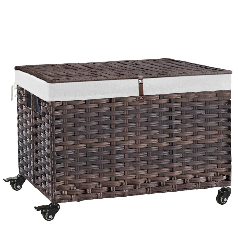 Hiagnete Rolling Storage Basket with Lid, 47.6 Gallon (180L) Storage Bin with Wheels, Woven Rattan Blanket Storage Basket with Handles, Foldable, Metal Frame, Removable Liner for Bedroom, Laundry Room, Brown - Image 1