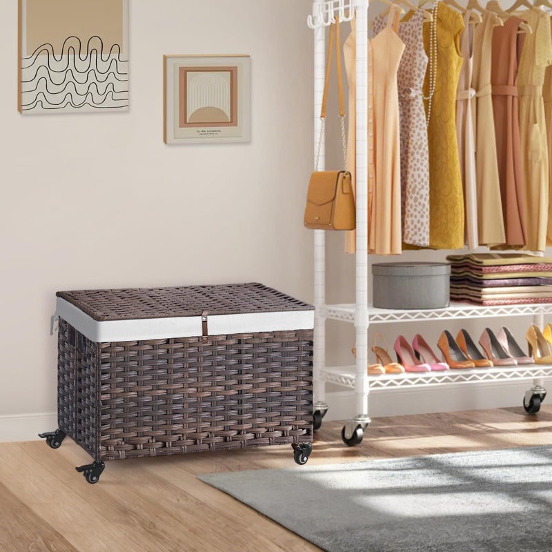 Hiagnete Rolling Storage Basket with Lid, 47.6 Gallon (180L) Storage Bin with Wheels, Woven Rattan Blanket Storage Basket with Handles, Foldable, Metal Frame, Removable Liner for Bedroom, Laundry Room, Brown - Image 2