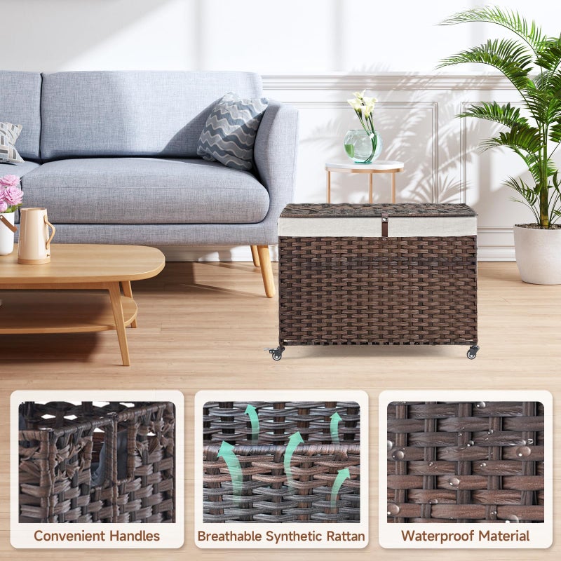 Hiagnete Rolling Storage Basket with Lid, 47.6 Gallon (180L) Storage Bin with Wheels, Woven Rattan Blanket Storage Basket with Handles, Foldable, Metal Frame, Removable Liner for Bedroom, Laundry Room, Brown - Image 5