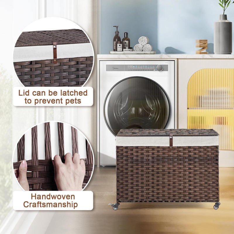Hiagnete Rolling Storage Basket with Lid, 47.6 Gallon (180L) Storage Bin with Wheels, Woven Rattan Blanket Storage Basket with Handles, Foldable, Metal Frame, Removable Liner for Bedroom, Laundry Room, Brown - Image 3