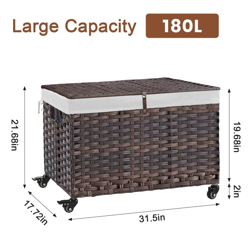 Hiagnete Rolling Storage Basket with Lid, 47.6 Gallon (180L) Storage Bin with Wheels, Woven Rattan Blanket Storage Basket with Handles, Foldable, Metal Frame, Removable Liner for Bedroom, Laundry Room, Brown - Image 4