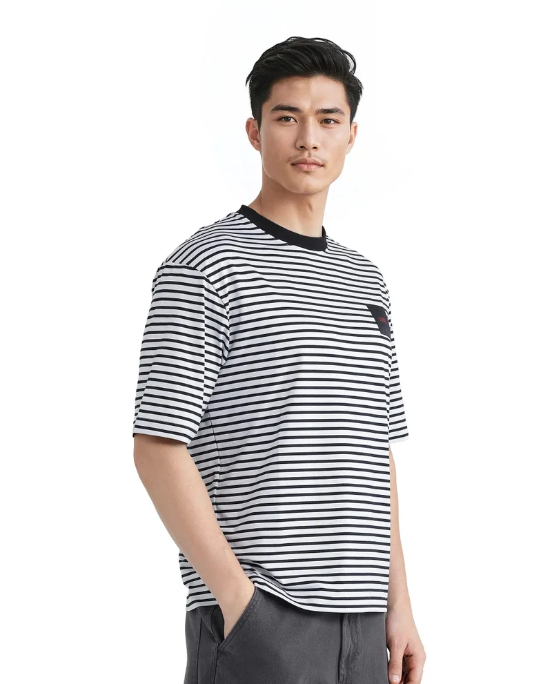 Rare Rabbit Men's Stripe Print Boxy Fit Cotton T-Shirt