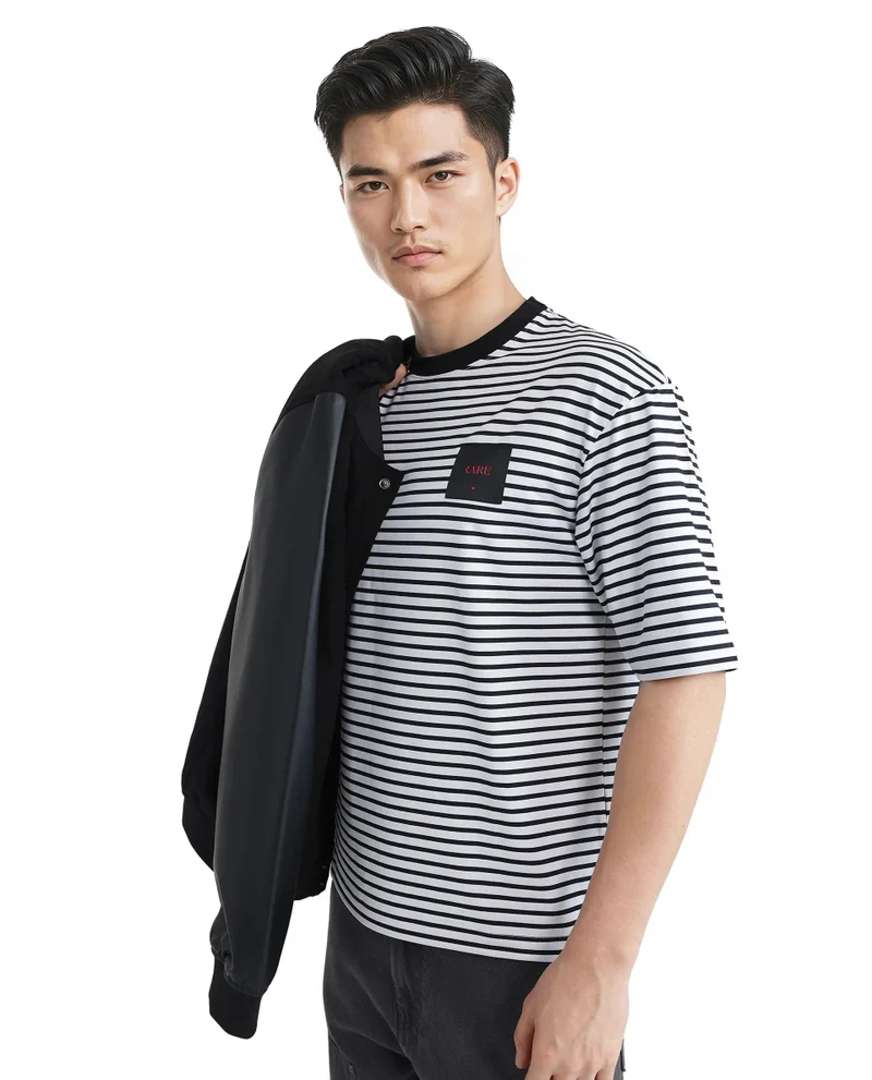 Rare Rabbit Men's Stripe Print Boxy Fit Cotton T-Shirt