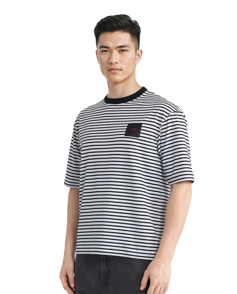 Rare Rabbit Men's Stripe Print Boxy Fit Cotton T-Shirt