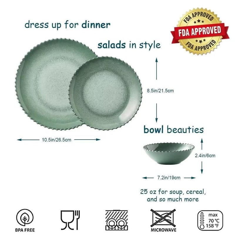 Miss Yip MissYIP 12 Piece Melamine Dinnerware Sets, Service for 4, Lightweight Unbreakable, BPA Free, Food Grade Plates Sets, Dishwasher Top Safe, Not Microwave, Not Oven, Indoor and Outdoor Use - Image 2