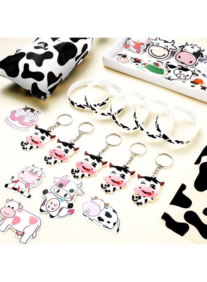Chunful 148 Pcs Cow Party Favors Supplies Include Cute Cow Keychain Cow Print Gift Bag Elastic Cow Silicone Bracelets Cow Stickers Cow Animal Print Stickers For Kids Cowboy Girl Shower Birthday Theme Party - Image 3