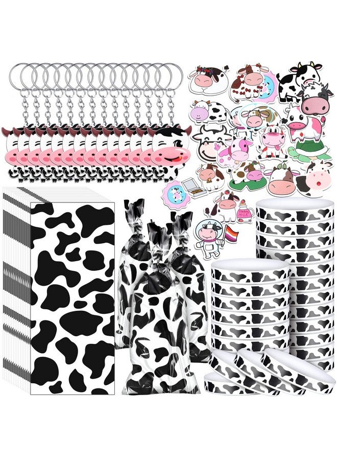 Chunful 148 Pcs Cow Party Favors Supplies Include Cute Cow Keychain Cow Print Gift Bag Elastic Cow Silicone Bracelets Cow Stickers Cow Animal Print Stickers For Kids Cowboy Girl Shower Birthday Theme Party - Image 1