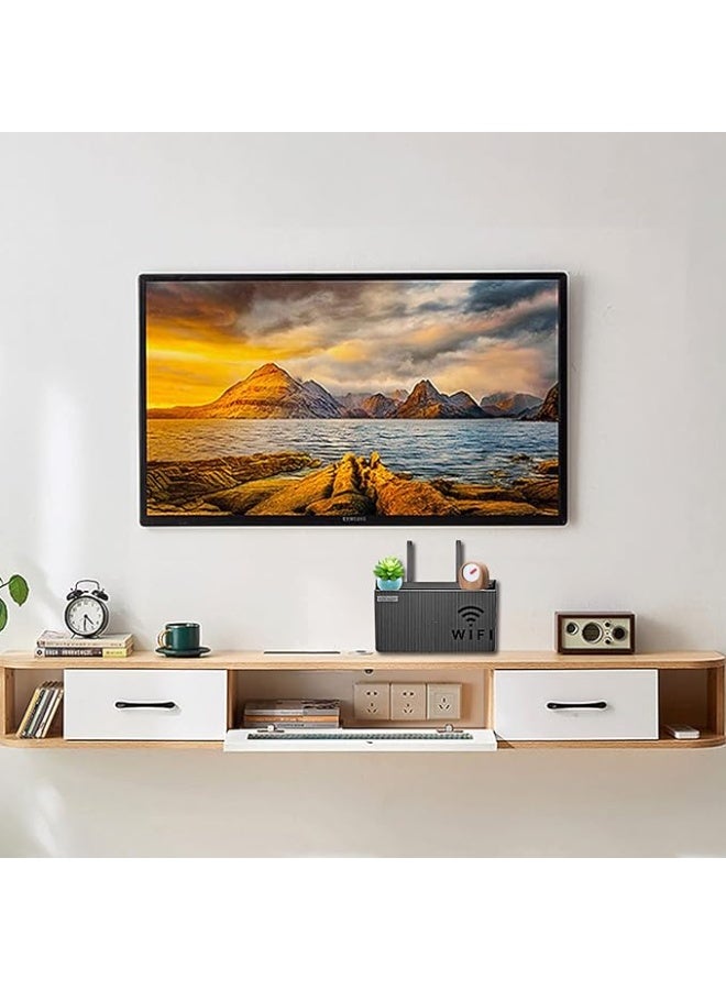 صندوق جداري لتخزين جهاز الراوتر ورف للتلفاز – منظم كابلات لتخزين الراوتر، جهاز الاستقبال، أجهزة التحكم والإلكترونيات الصغيرة – رف جداري لتوفير المساحة – أسود - Image 3