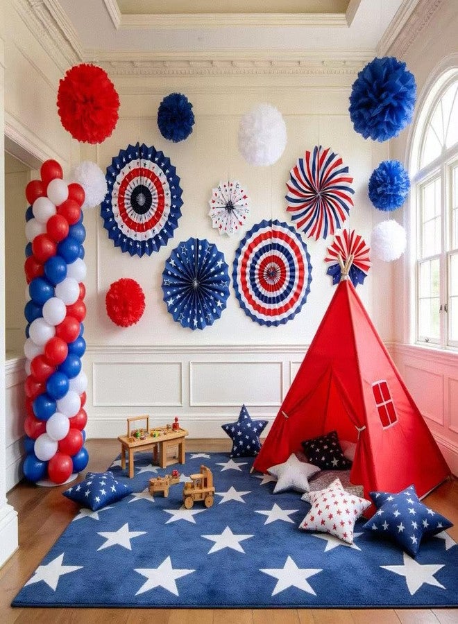 HipTree 100pcs 4th of July Patriotic Christmas Independence Labor Day Party Decoration Sets with Red White Blue Balloons,Paper Fans,USA Flag Pennant,Star Streamer,Pom Poms,Tinsel Backdrop for Party Decor - Image 3