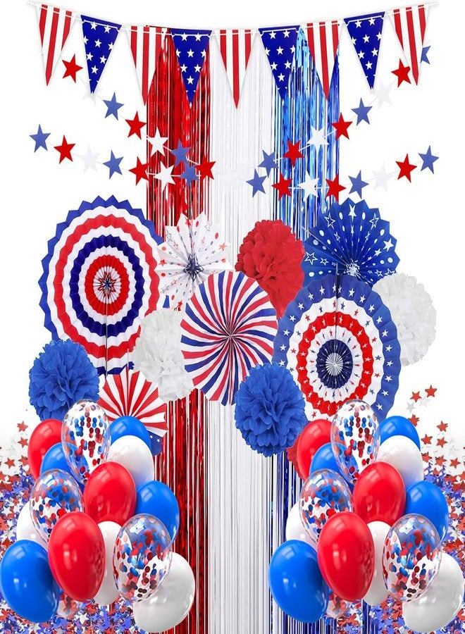 HipTree 100pcs 4th of July Patriotic Christmas Independence Labor Day Party Decoration Sets with Red White Blue Balloons,Paper Fans,USA Flag Pennant,Star Streamer,Pom Poms,Tinsel Backdrop for Party Decor - Image 1