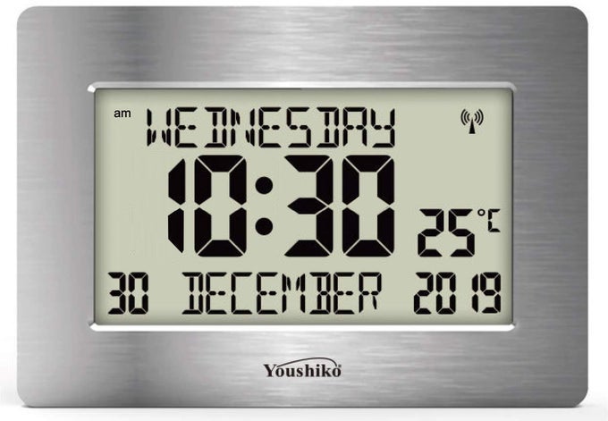 RADIO CONTROLLED SILENT LARGE LCD WALL CLOCK OFFICAL UK VERSION AUTO SET UP WITH DAY DATE MONTH HELPFUL FOR DEMENTIA ALZHEIMER SUFFERERS SILVER
