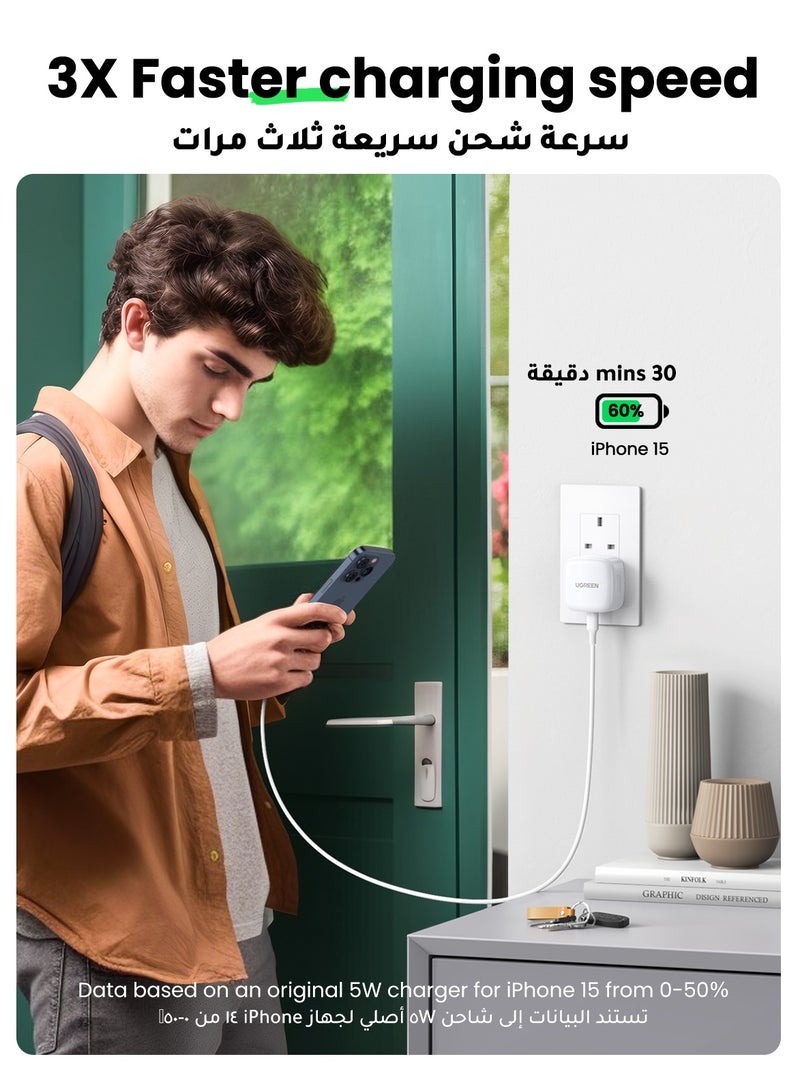 يو جرين شاحن آيفون 20 وات مع كابل تايب سي بطول 1 متر، محول شحن سريع من يواس بي سي بمقبس حائطي لهاتف آيفون 16 و15 برو ماكس شاحن USB صغير الحجم للمنزل والطلاب متوافق مع سلسلة آيفون وساعة آبل وآيباد - Image 2