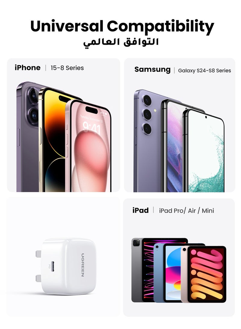 يو جرين شاحن آيفون 20 وات مع كابل تايب سي بطول 1 متر، محول شحن سريع من يواس بي سي بمقبس حائطي لهاتف آيفون 16 و15 برو ماكس شاحن USB صغير الحجم للمنزل والطلاب متوافق مع سلسلة آيفون وساعة آبل وآيباد - Image 4