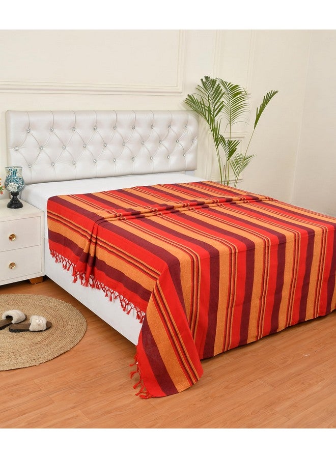 RANGBHAR Handloom Khadi Cotton King Size Bedsheet, 100 x 108 inch, Without Pillow Covers, Woven Striped Bedcover, Red - Image 2