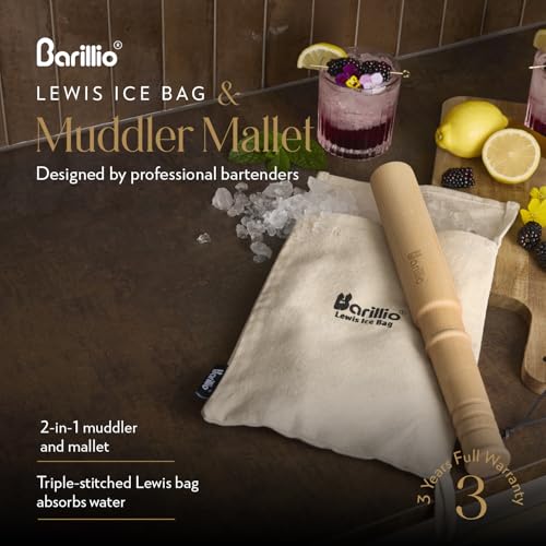 Barillio Drink Muddler Mallet and Lewis Bag Set - Big-Shot 13.75 Inch Wooden Muddler and Ice Hammer for Cocktails w/Canvas Ice Crushing Bag - Bar Tool Set - Image 2