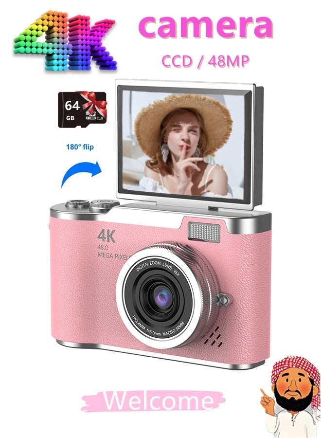كاميرا رقمية CCD وردية 4K 48 ميجابكسل بشاشة قابلة للقلب 180° بطاقة SD 64 مجاناً قارئ بطاقات 2 محولات كاميرا تصوير محمولة للمبتدئين الطلاب - Image 1