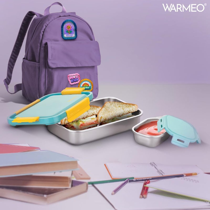 WARMEO صندوق غداء وورميو من الفولاذ المقاوم للصدأ محكم الإغلاق ومضاد للتسرب خفيف الوزن سهل التنظيف مثالي للمكتب والمدرسة والنزهات والسفر مجموعة من 2 1000مل 150مل أزرق أصفر - Image 5