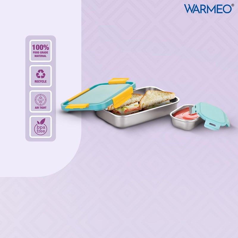 WARMEO صندوق غداء وورميو من الفولاذ المقاوم للصدأ محكم الإغلاق ومضاد للتسرب خفيف الوزن سهل التنظيف مثالي للمكتب والمدرسة والنزهات والسفر مجموعة من 2 1000مل 150مل أزرق أصفر - Image 3