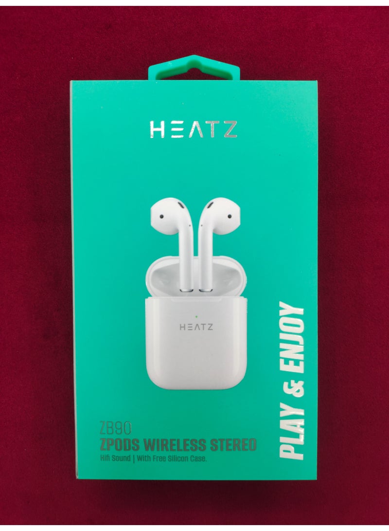 هيتز سماعات Heatz ZB90 اللاسلكية – أبيض | سماعات بلوتوث مع مستشعر لمس، ميكروفون مزدوج، صوت ستيريو وعمر بطارية طويل – مع علبة سيليكون مجانية - Image 1