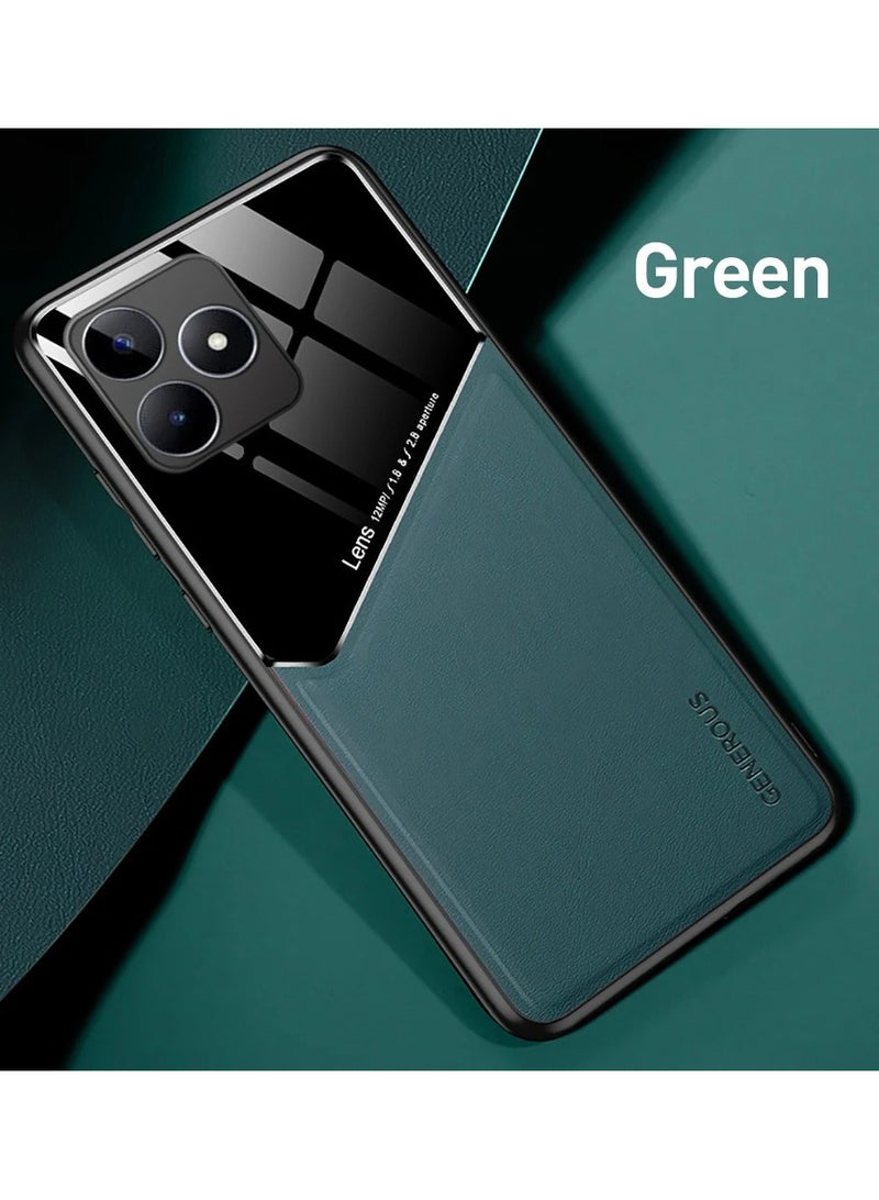 Case Compatible With Realme C53/C51/Note 50 Cover Luxury Leather And Glass With Car Magnetic Holder Phone Cover Soft Frame Silicone (Green) - Image 1
